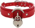 Load image into Gallery viewer, The red choker fastened, showing the two rings and the silver heart padlock