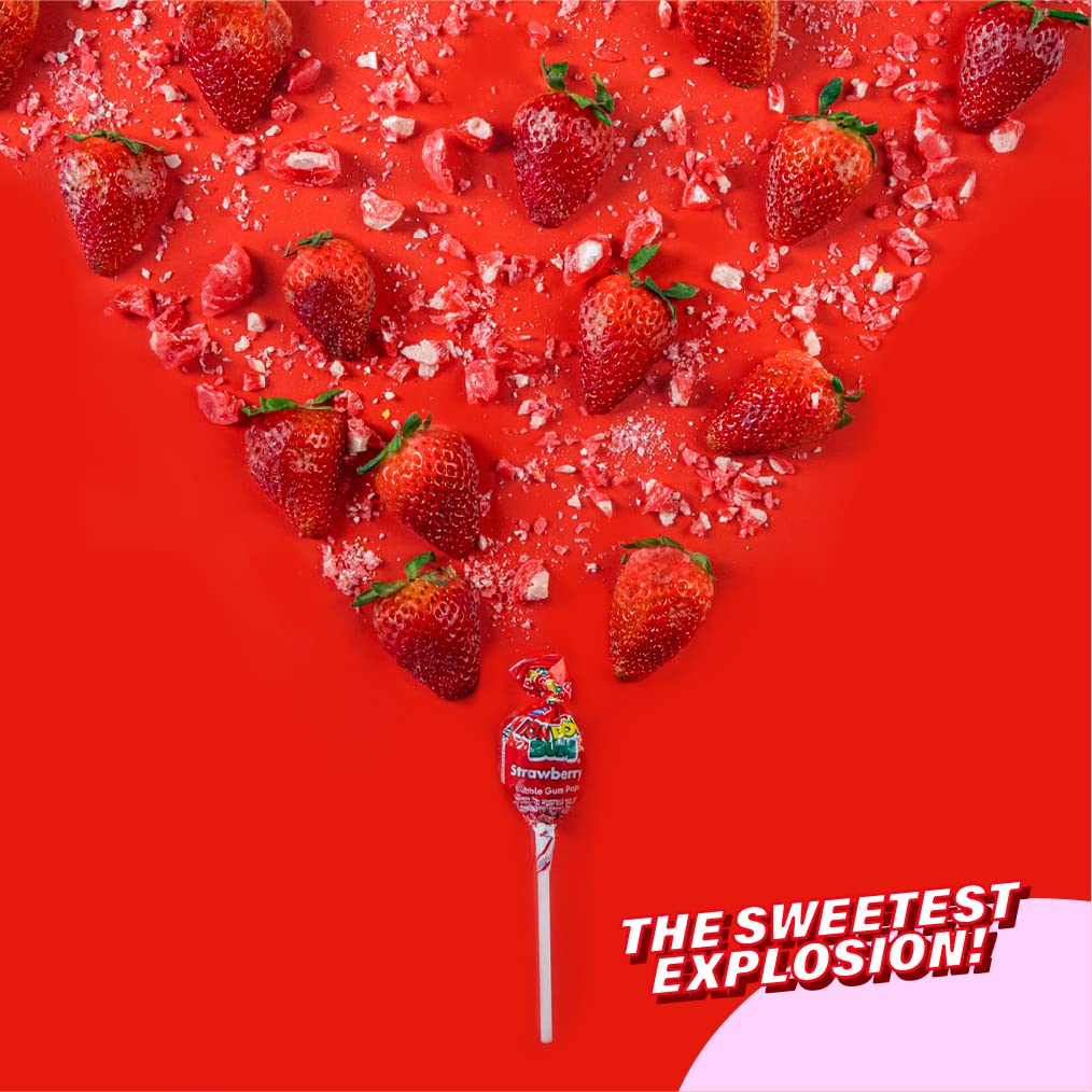 Bon Bon Bum Lollipops Strawberry with Chewy Bubble Gum (24 Pack)