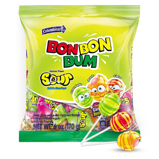 Bon Bon Bum Sour Lollipops Green Apple, Tangy Orange, Cherry (10 Pack)