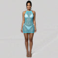 Cargar la imagen en la vista de la galería, Full-length view of the aqua see-through fishnet mini dress worn over a bikini