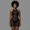 Cargar la imagen en la vista de la galería, Black fishnet halter mini cover-up dress, front view on a model