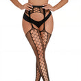 Cargar la imagen en la vista de la galería, Black fishnet suspender pantyhose front on, garter belt with attached thigh highs and the oval openwork stripe down each leg