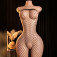 Load image into Gallery viewer, Front view of the black fishnet bodystocking showing the straight tube band and open-crotch panel
