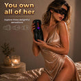 Load image into Gallery viewer, A woman in a satin slip and lace eye mask holding the stroker, beside line icons of the vulva, mouth and anus sleeves