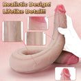 Load image into Gallery viewer, Double-ended dildo coiled on a pink background, with close-up insets of the head, the veins and the skin texture