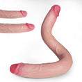 Load image into Gallery viewer, Close-up of both realistic heads of the double-ended dildo, with veins along the shaft