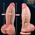 Load image into Gallery viewer, Dimensions of the 8 inch girth dildo: 8.85 in overall, 5.8 in insertable, 2.56 in wide, 8 in and 7 in around, 3.23 in testicles, 1.52 lb
