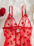 Cargar la imagen en la vista de la galería, Close-up of the bodice: ribbon bows, triangle cups and the rhinestone heart clasp