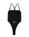 Load image into Gallery viewer, The black bodysuit laid flat, back, showing the crossed straps and rear logo
