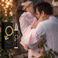 Load image into Gallery viewer, A couple embracing in a garden under warm string lights, with the boxed perfume and atomiser shown alongside