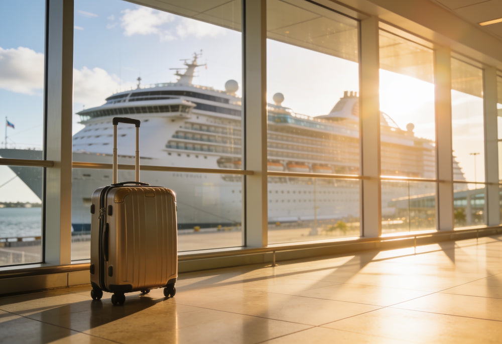 A carry-on suitcase by a cruise terminal window with a ship visible outside
