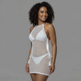Cargar la imagen en la vista de la galería, Three-quarter side view of the white see-through fishnet mini cover-up dress
