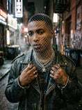 Cargar la imagen en la vista de la galería, Pale rhinestone veil worn by a man on a neon-lit street under a studded leather jacket