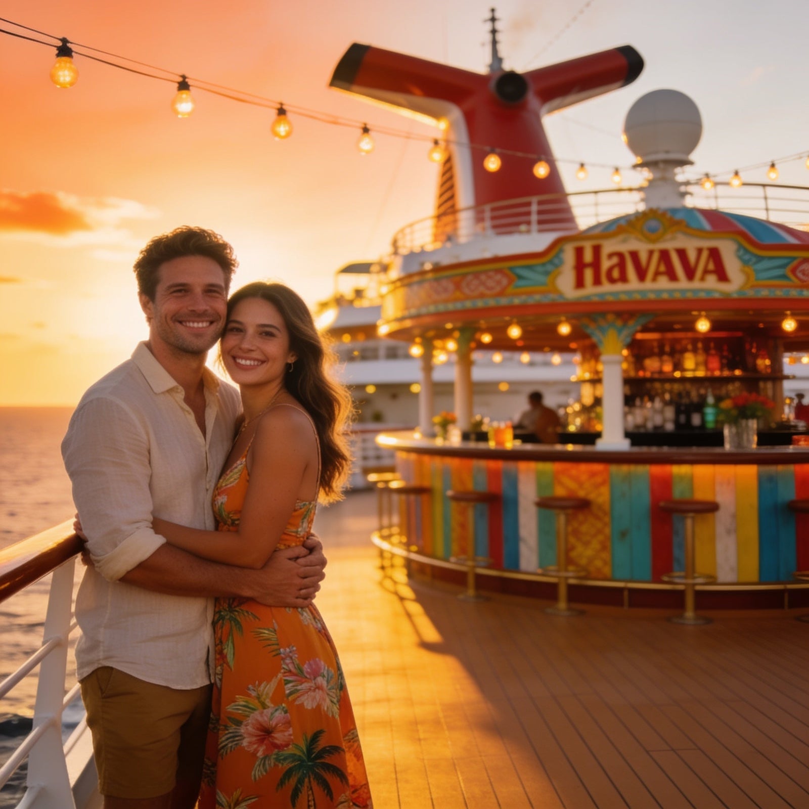 Couple at sunset on a Carnival Horizon cruise deck with a Havana-style bar