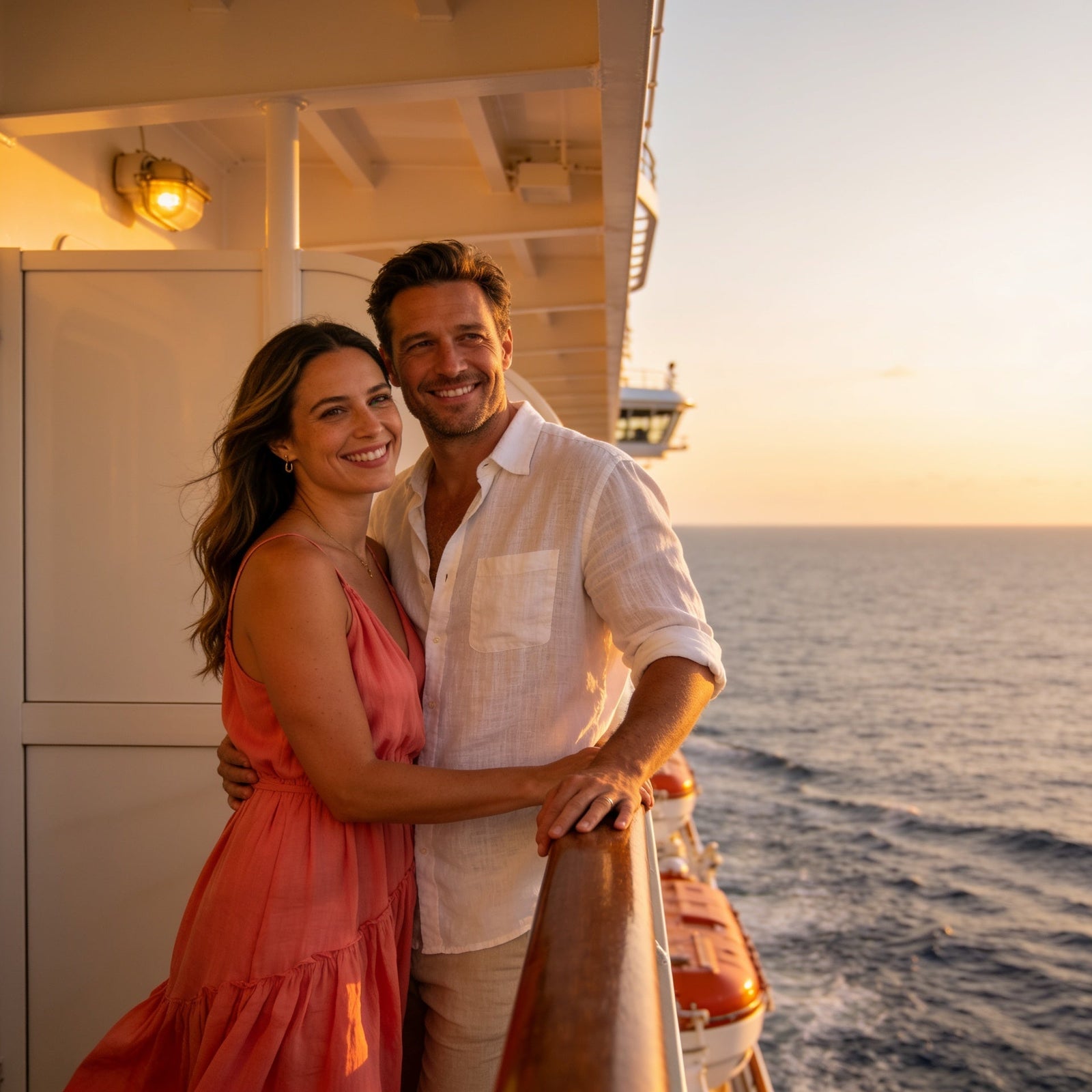 Couple on a cruise ship balcony at sunset planning their packing list