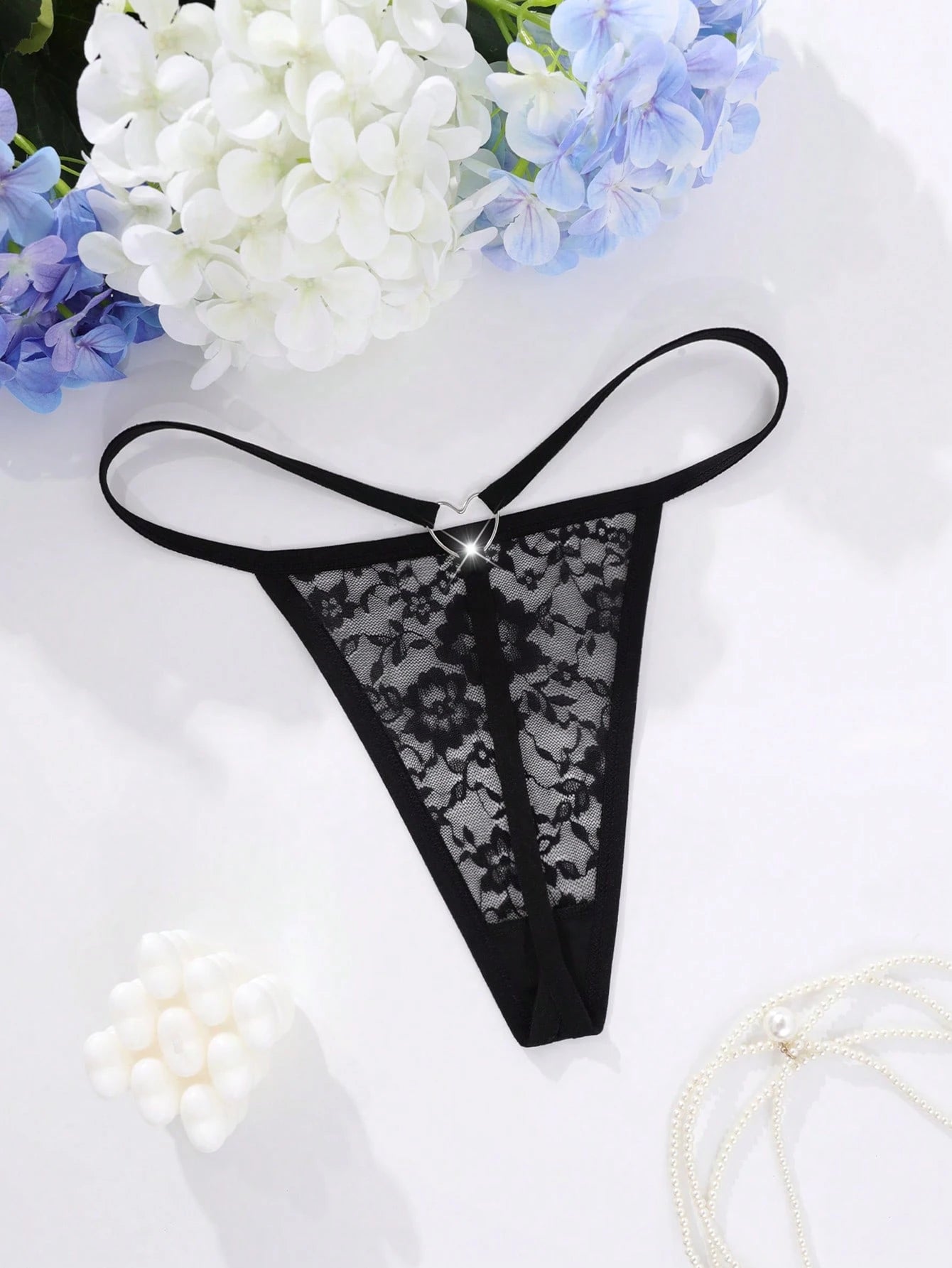 Lace Heart Ring G-String - Sheer Floral Lace, Double Hip Straps, Black