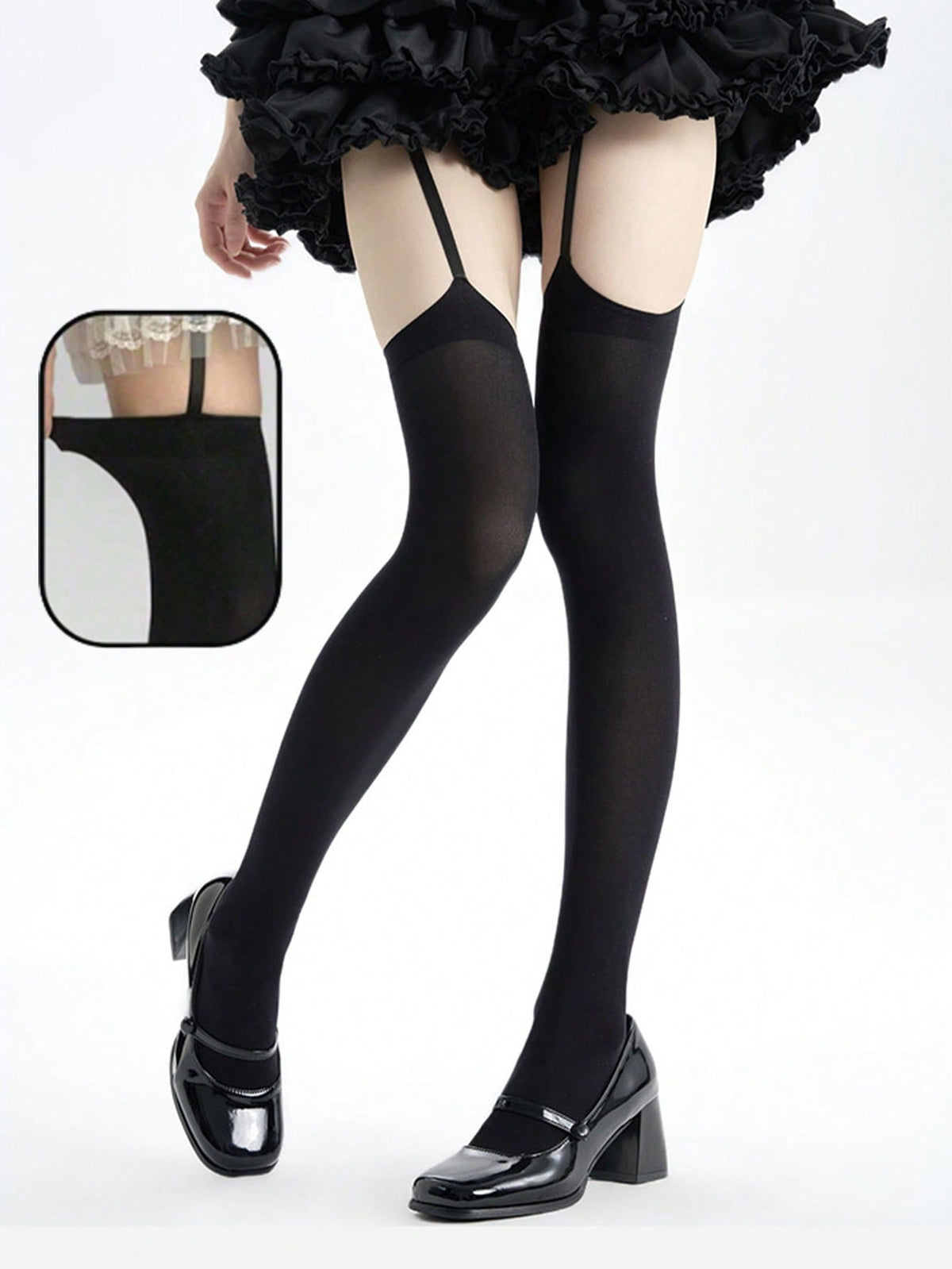 Black garter stockings with a close detail of the stocking top