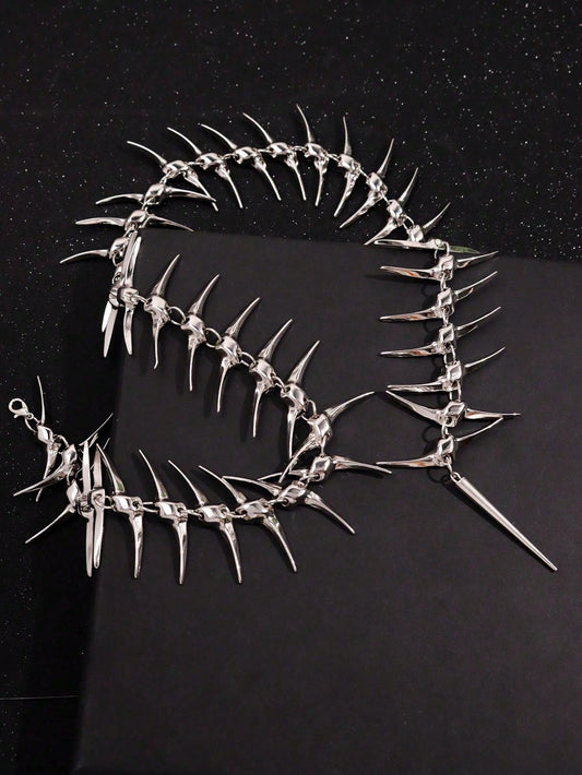 The full spiked spine necklace laid flat, collar and back drop