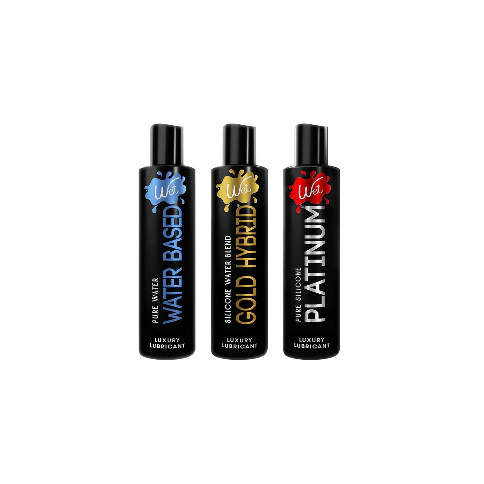 Wet luxury lube three pack: Water Based, Gold Hybrid and Platinum, 1 oz each