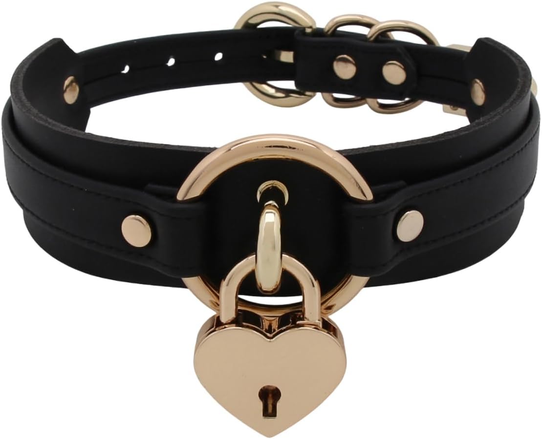 Heart lock choker black gold faux leather