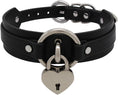 Load image into Gallery viewer, The black choker fastened, showing the two rings and the silver heart padlock
