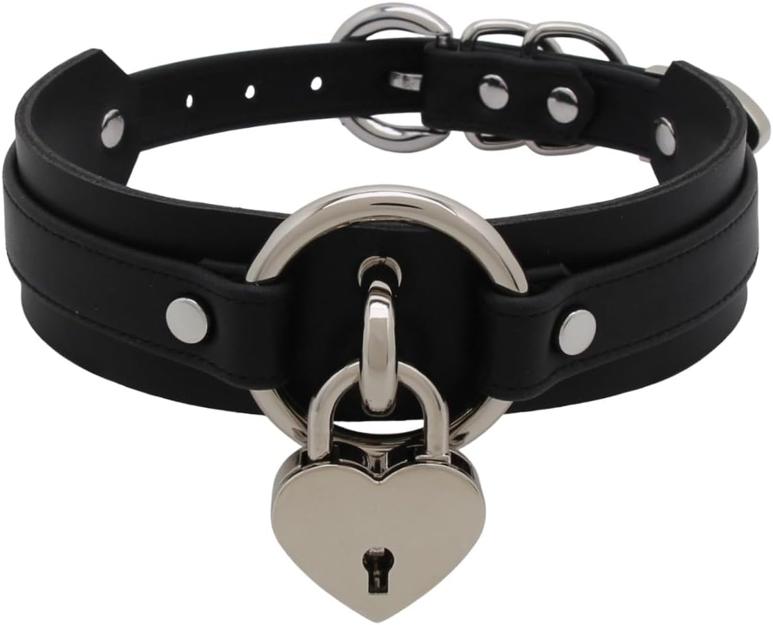 The black choker fastened, showing the two rings and the silver heart padlock