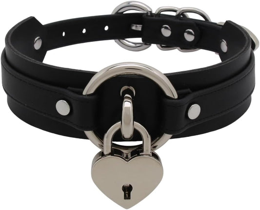 The black choker fastened, showing the two rings and the silver heart padlock
