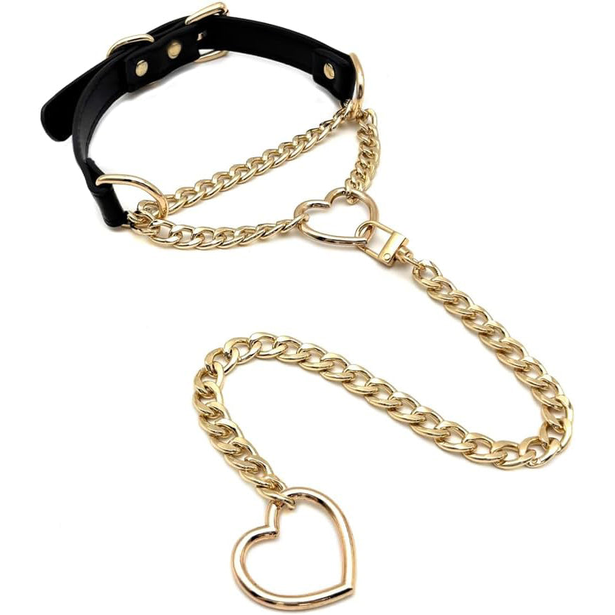 Heart O-Ring Choker – Punk Gothic Vegan Leather Collar with Adjustable Buckle (Black & Gold)