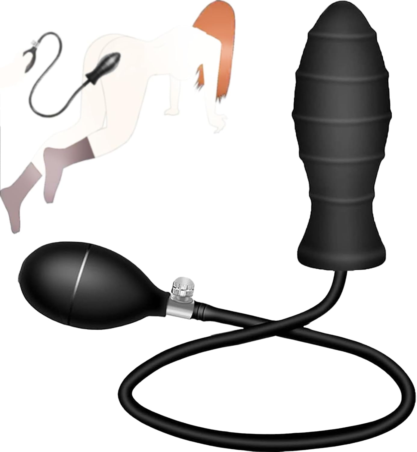 Rippled inflatable silicone anal plug with hand pump