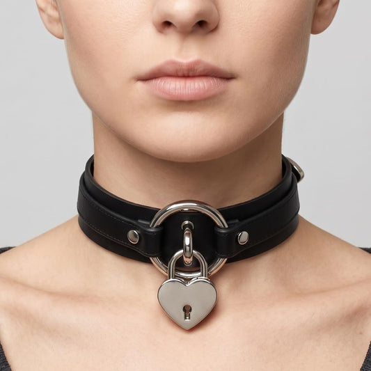 Black faux leather heart-lock choker with silver hardware worn at the throat
