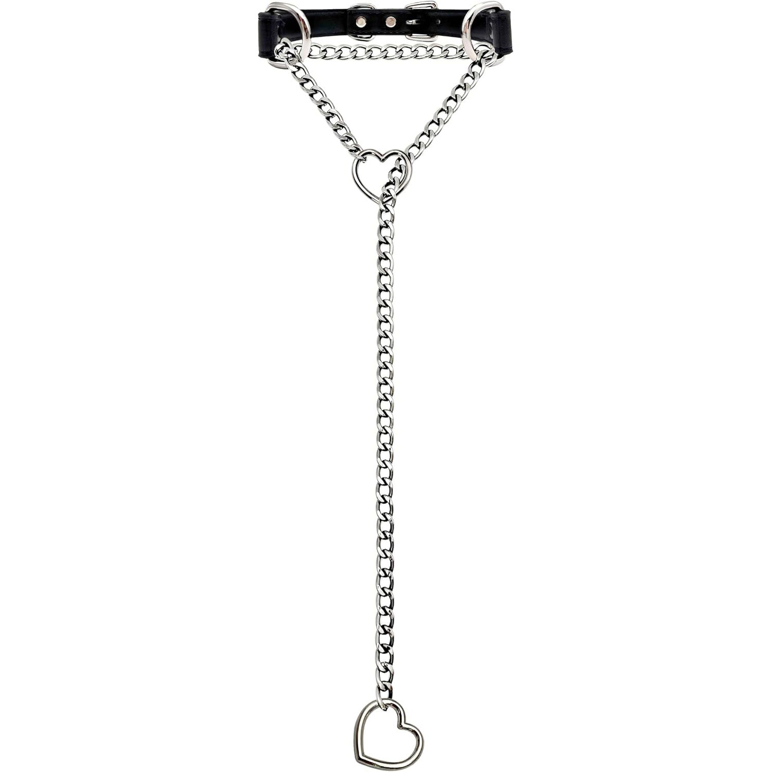 Heart Slip-Chain Choker - Handmade Black Leather Collar Necklace with Adjustable Buckle