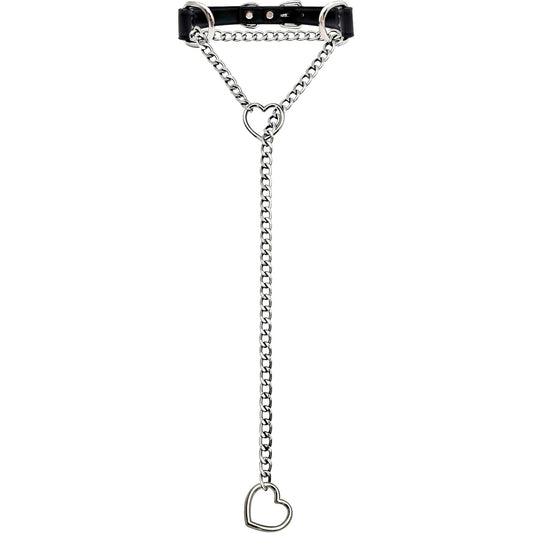Heart Slip-Chain Choker - Handmade Black Leather Collar Necklace with Adjustable Buckle