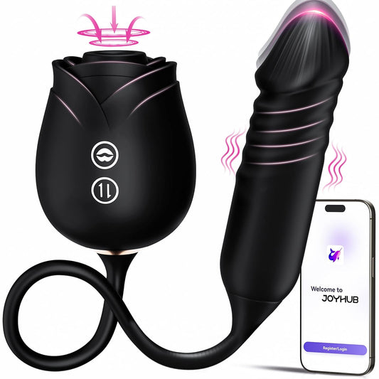 Black rose sucker and thrusting dildo joined by an 8 inch silicone tether, with phone app