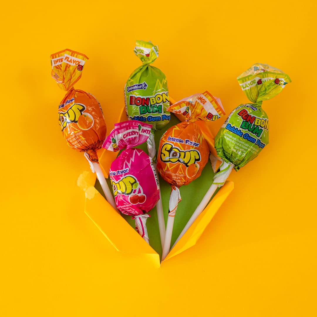 Bon Bon Bum Sour Lollipops Green Apple, Tangy Orange, Cherry (10 Pack)