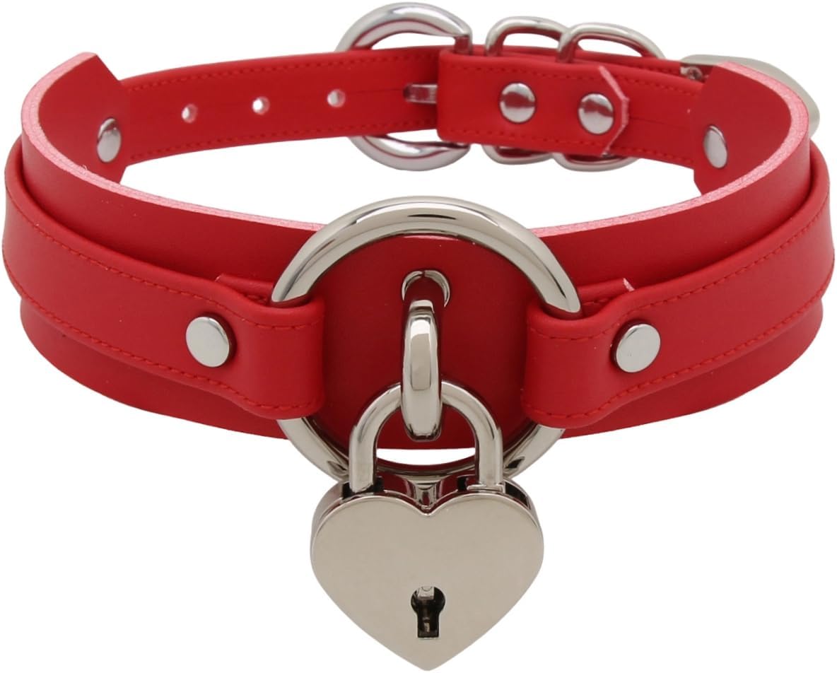 The red choker fastened, showing the two rings and the silver heart padlock