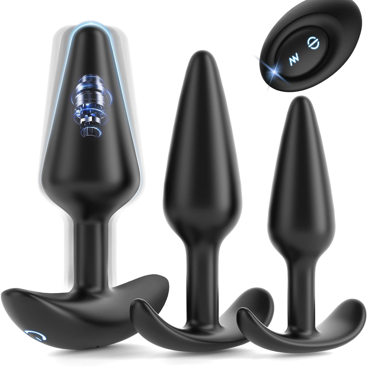 3-piece vibrating anal training kit with remote control, black silicone