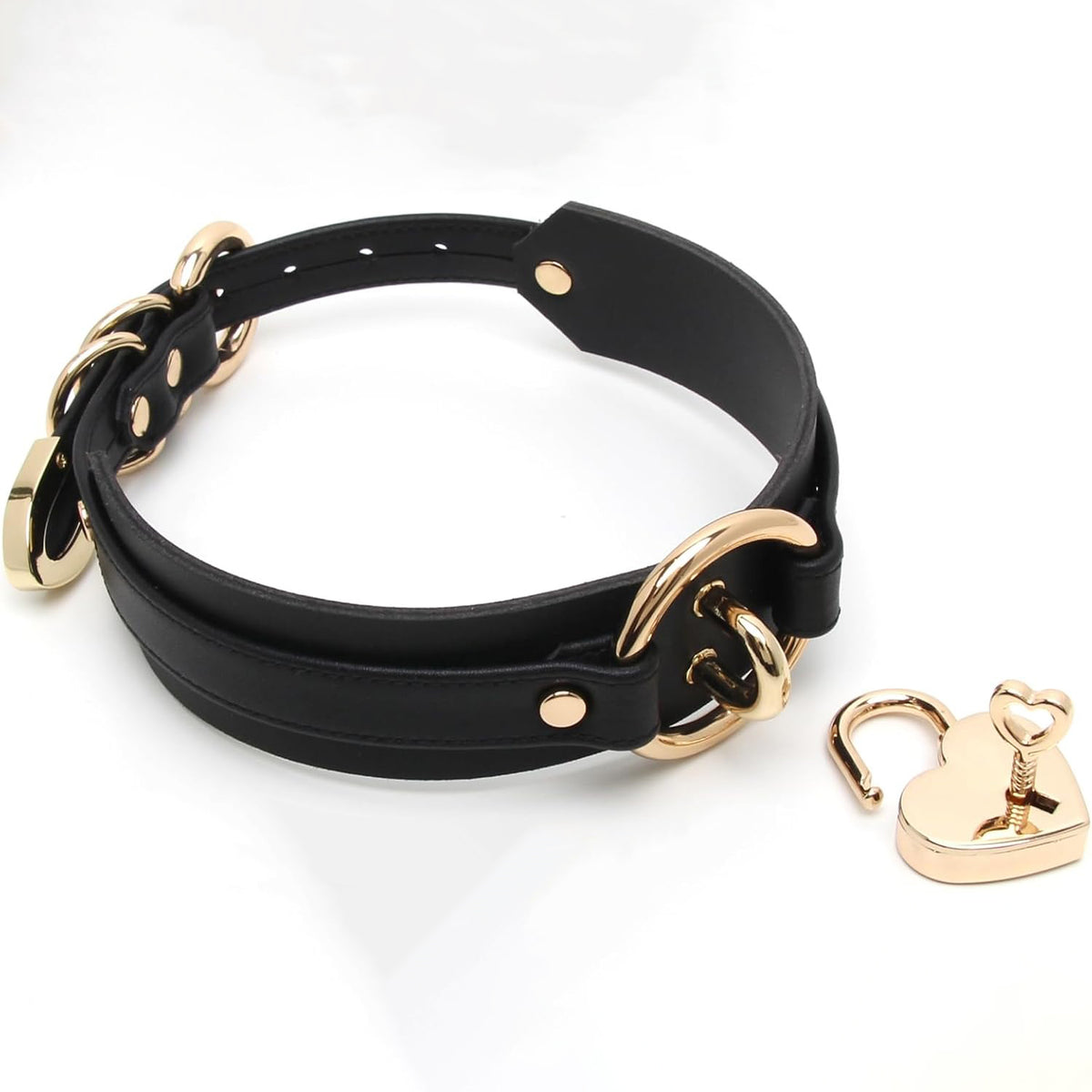 O-Ring Heart-Lock Choker – Handmade Faux Leather Collar Necklace Black/Gold
