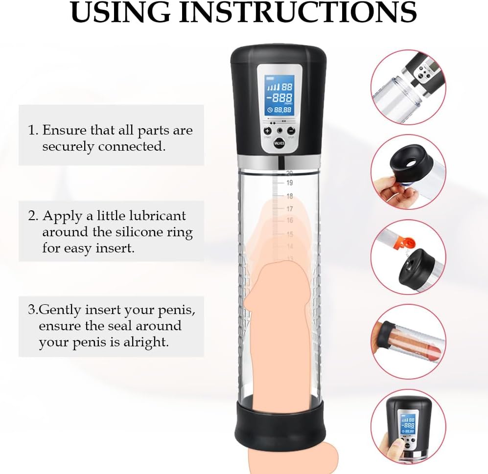 Adorime penis pump showing the 4 vacuum modes and control buttons