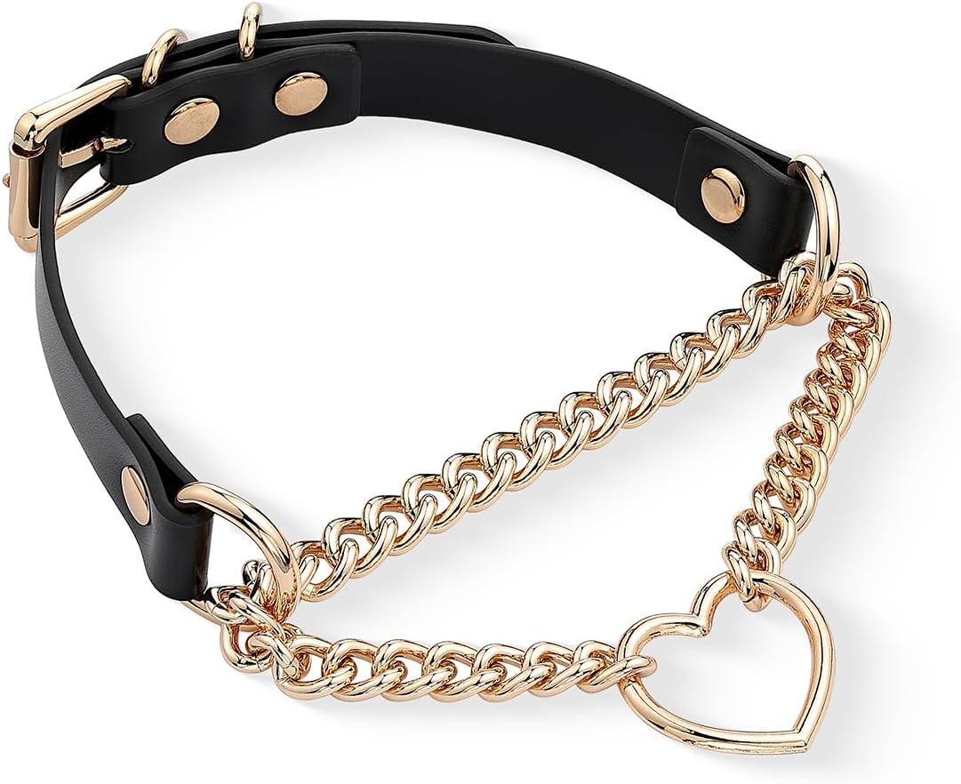 Heart ring choker black pink leather
