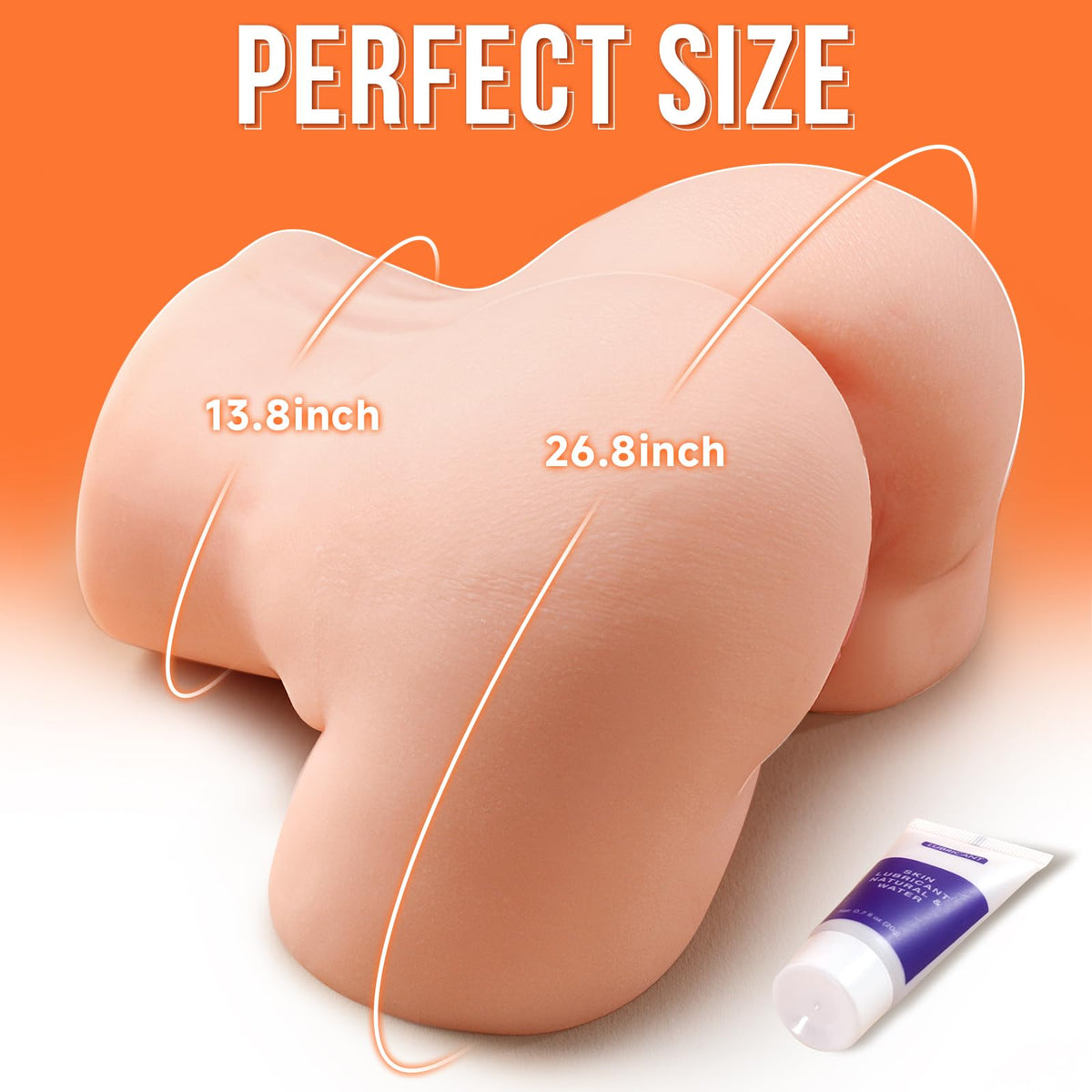 Size guide: 26.8 in hip circumference and 13.8 in thigh circumference, with the included lubricant