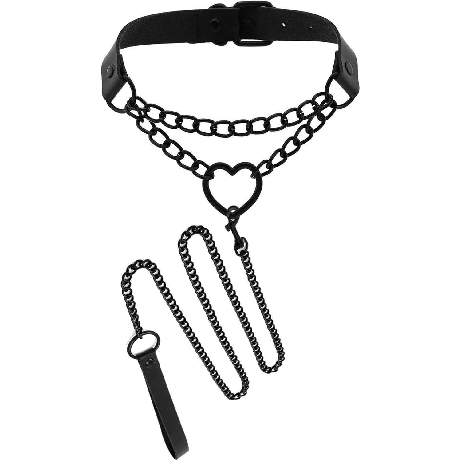 Love-Heart Choker & Body Chain Set - Vintage Black Leather Collar Harness, Emo Gothic