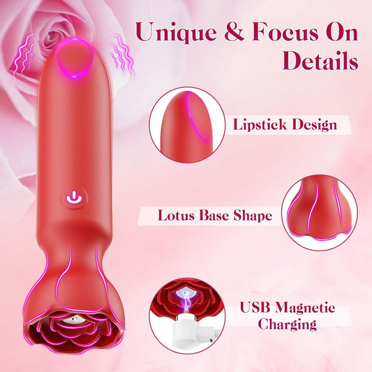 The vibrator's rounded tip and sculpted rose base shown in detail