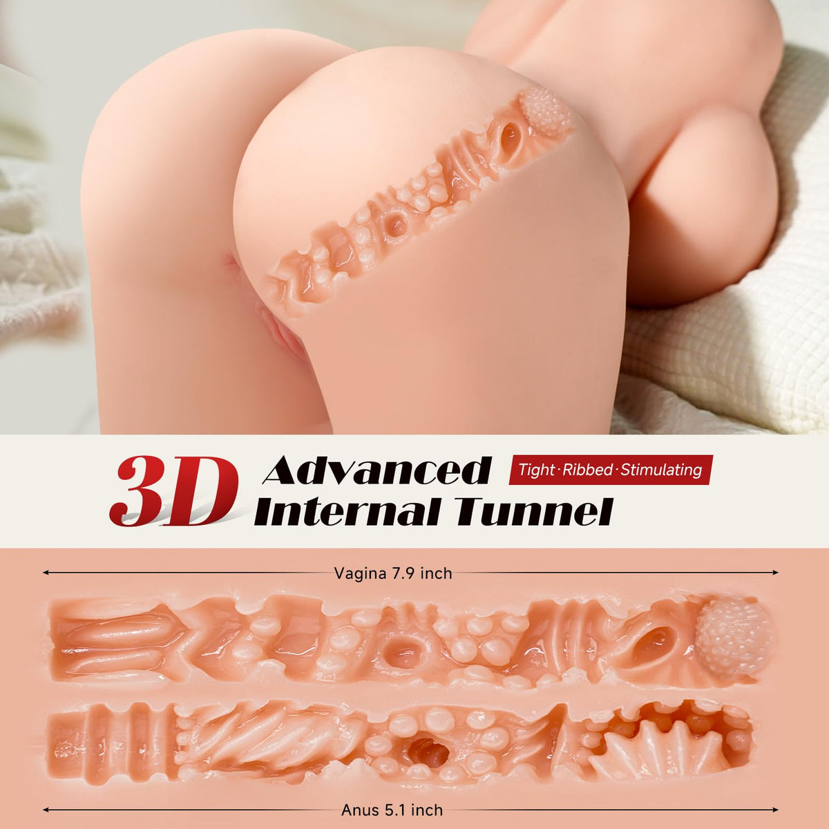 Internal tunnel textures: 7.9 in vaginal channel and 5.1 in anal channel