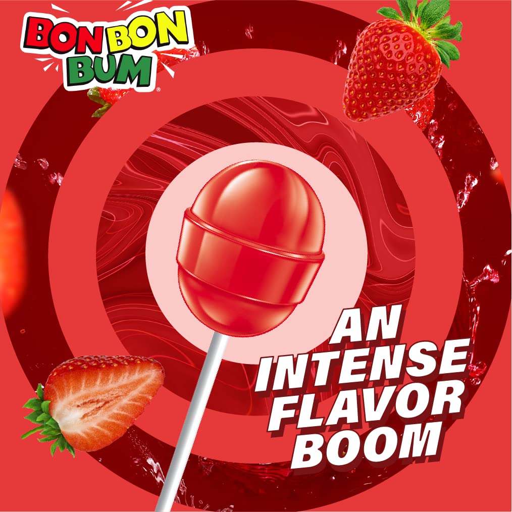 Bon Bon Bum Lollipops Strawberry with Chewy Bubble Gum (24 Pack)