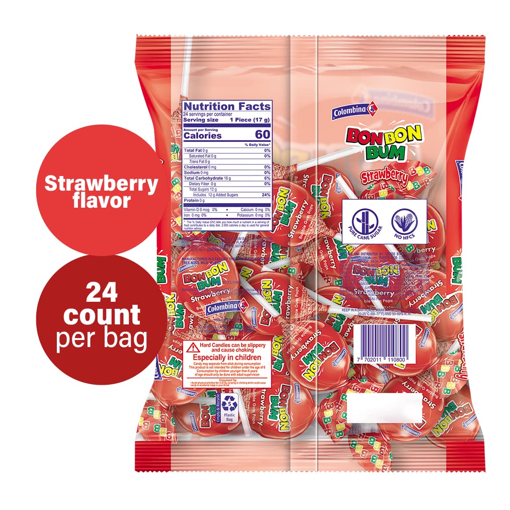 Bon Bon Bum Lollipops Strawberry with Chewy Bubble Gum (24 Pack)