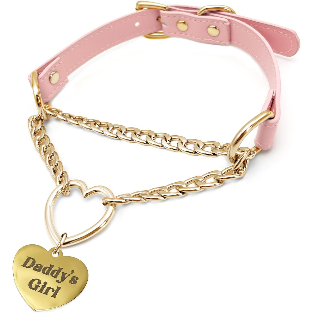 Pink Heart-Ring Slip-Chain Choker – Adjustable Vegan Leather Collar with Cuban Chain Pendant