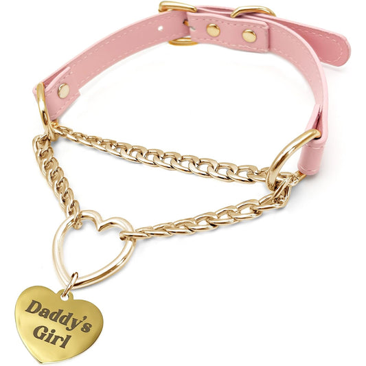 Pink Heart-Ring Slip-Chain Choker – Adjustable Vegan Leather Collar with Cuban Chain Pendant