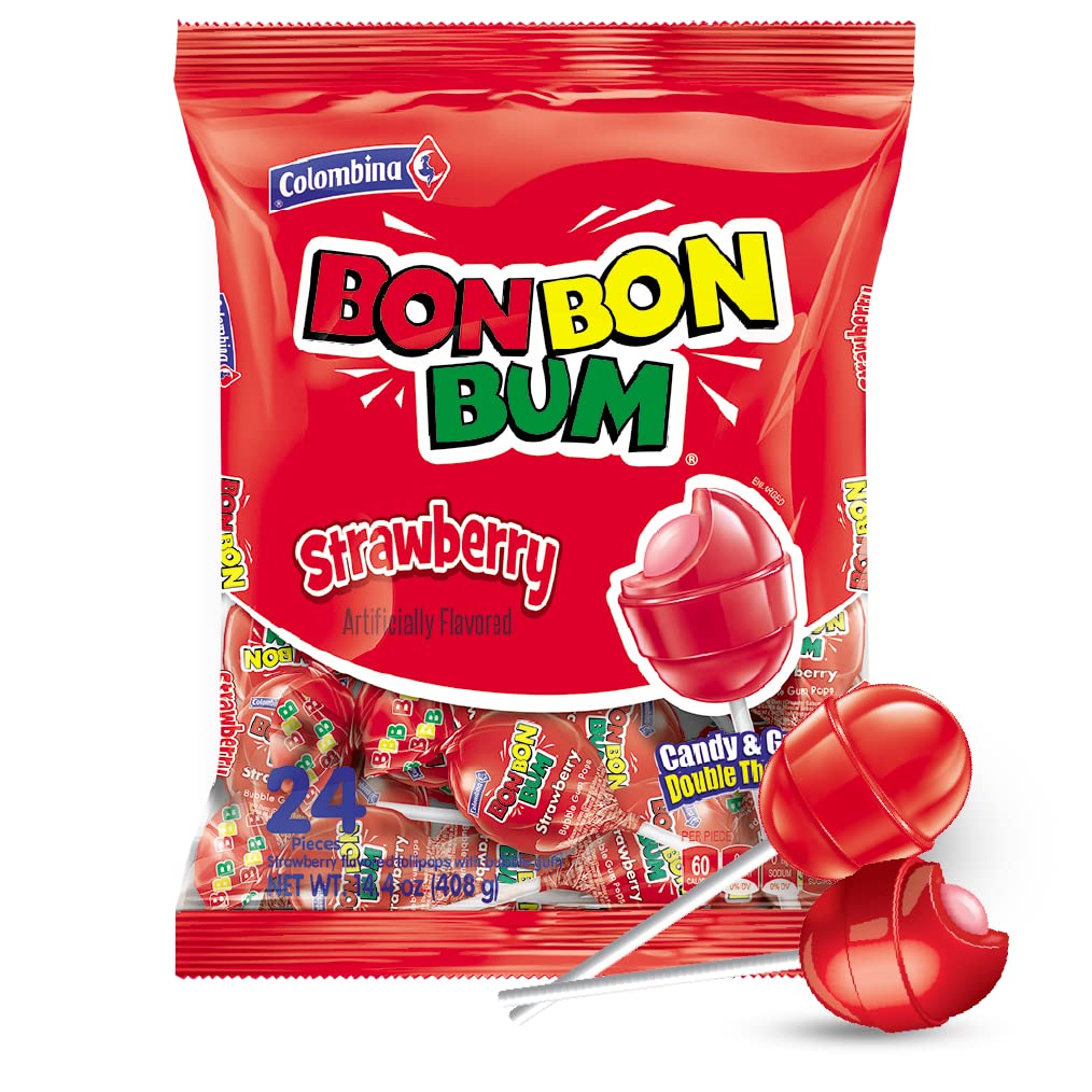 Bon Bon Bum Lollipops Strawberry with Chewy Bubble Gum (24 Pack)