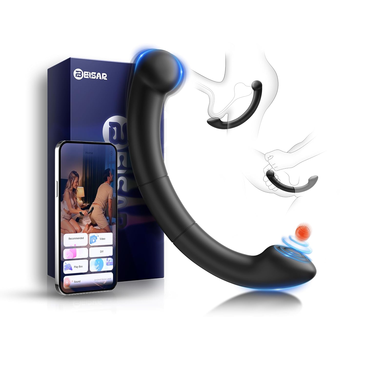 Dual-ended curved prostate massager and G-spot wand in black silicone
