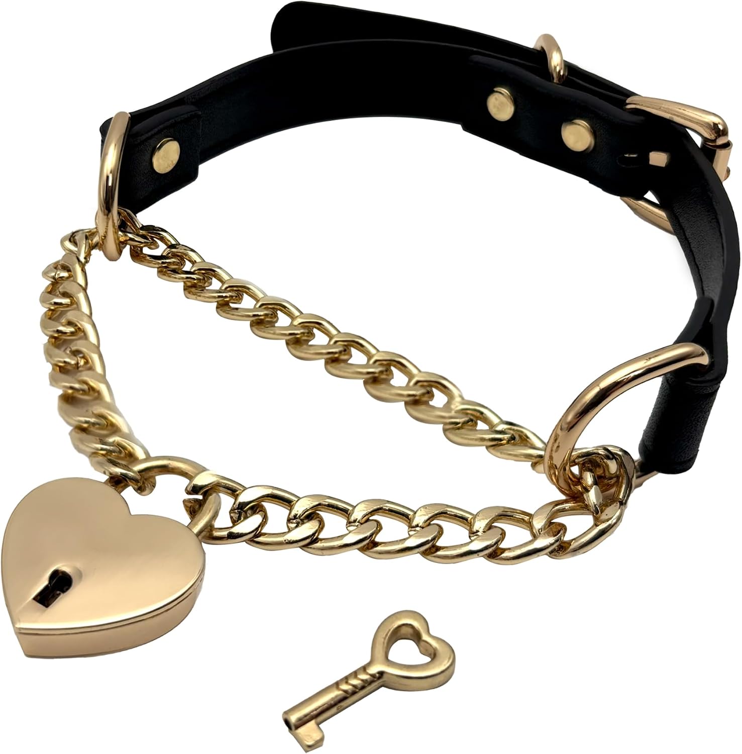 Heart padlock choker black leather lock and key